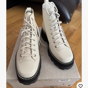 Jimmy Choo Cream Leather Lace-Up Combat Boots with Stud Trim